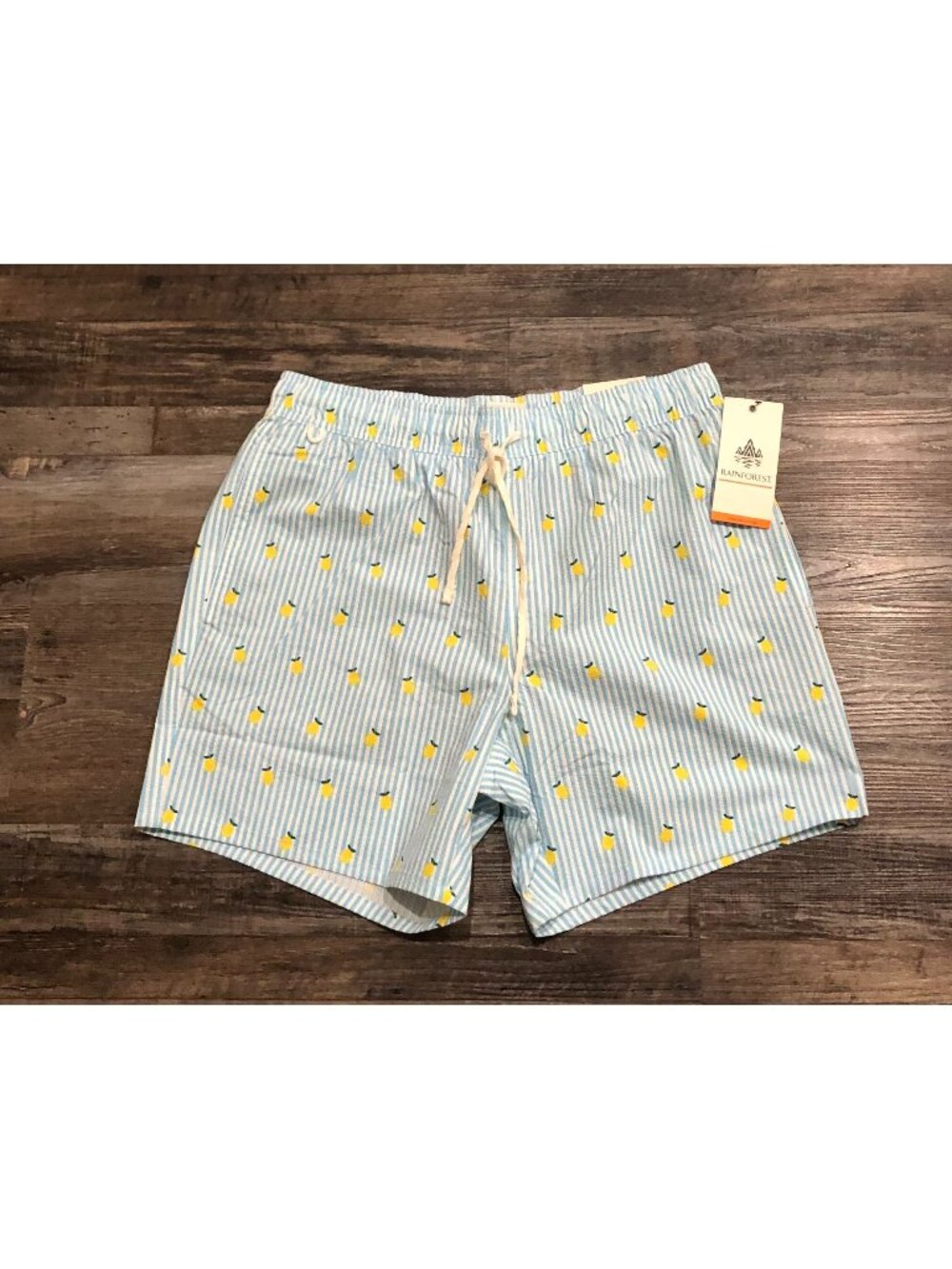 Rainforest Blue White Striped Lemon Print Seersucker Swim Trunks Medium New Tags